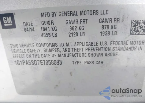 2014 Chevrolet Cruze Ls Auto z USA, uszkodzony, nr VIN 1G1PA5SG7E7358593